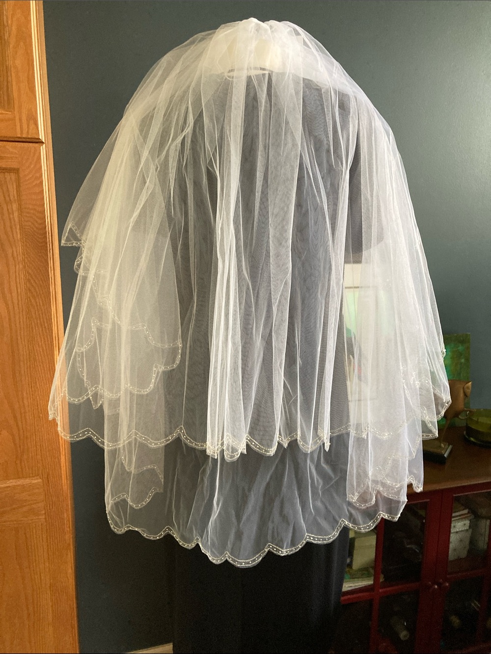 White Layered Bridal Veil with Scalloped Beaded Edge. 35” Blusher Veil